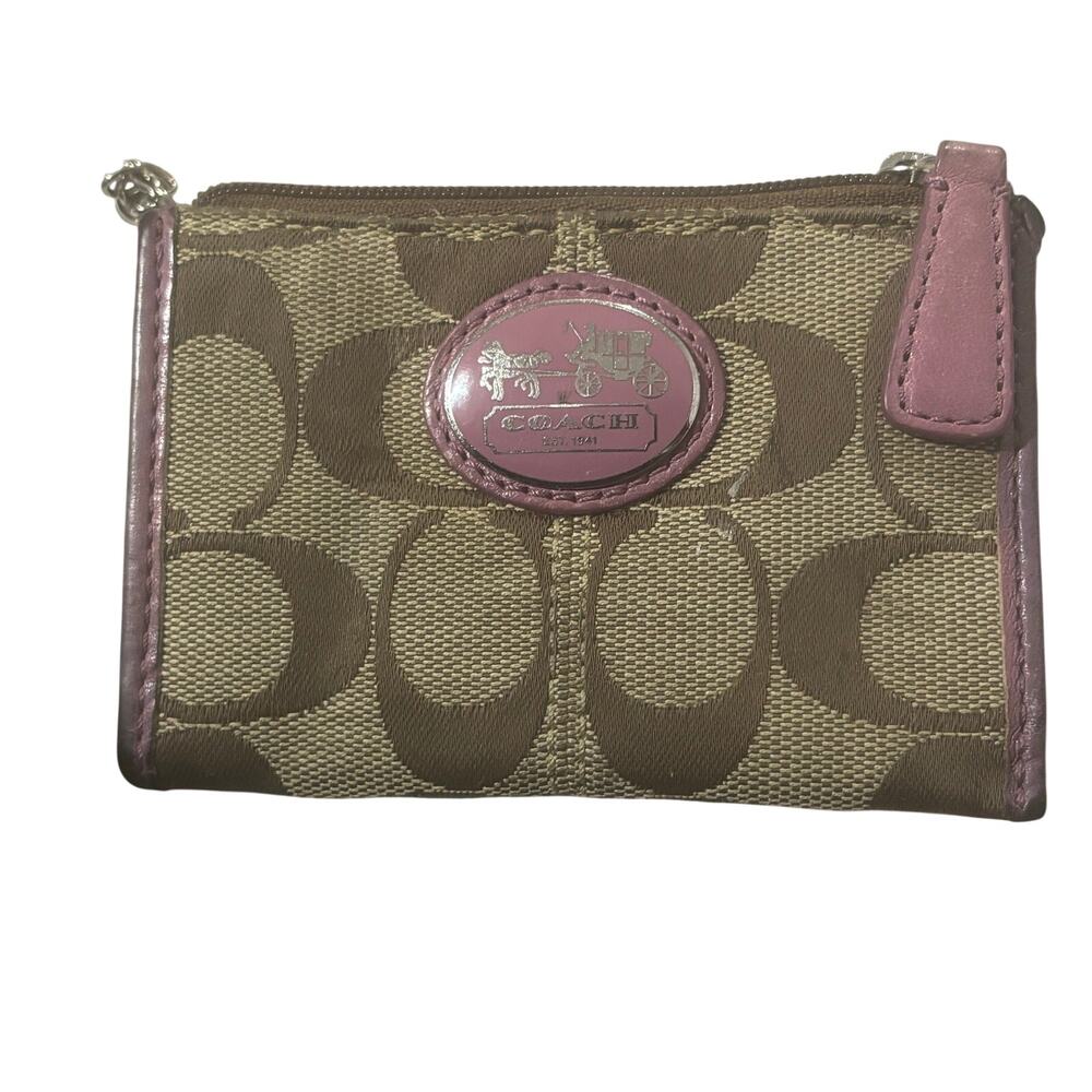 Coach Peyton Signature Wristlet F50142 Khaki Pomegranate Pink